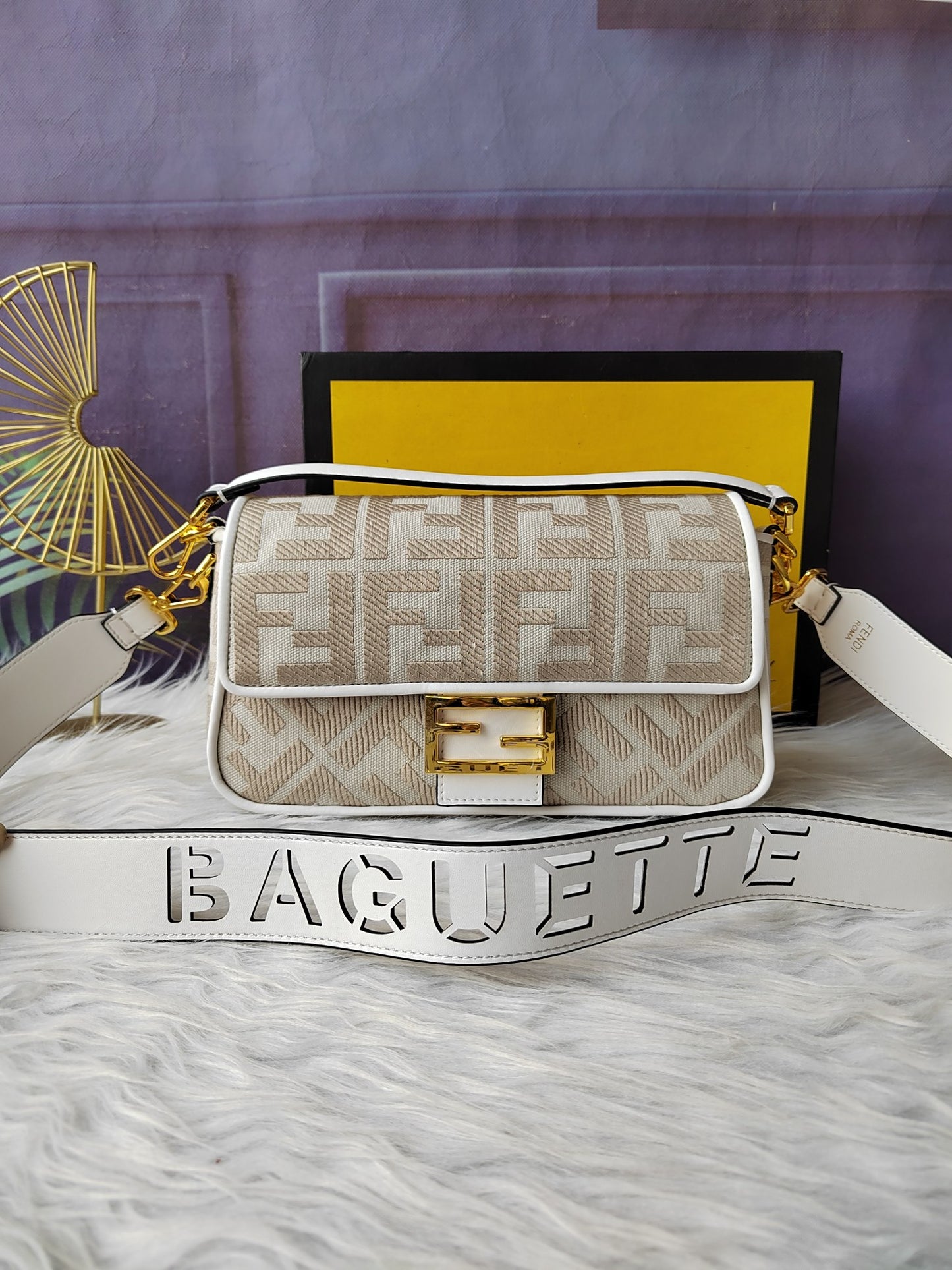 Fendi F8BR604 – Almond White Baguette Medium Bag