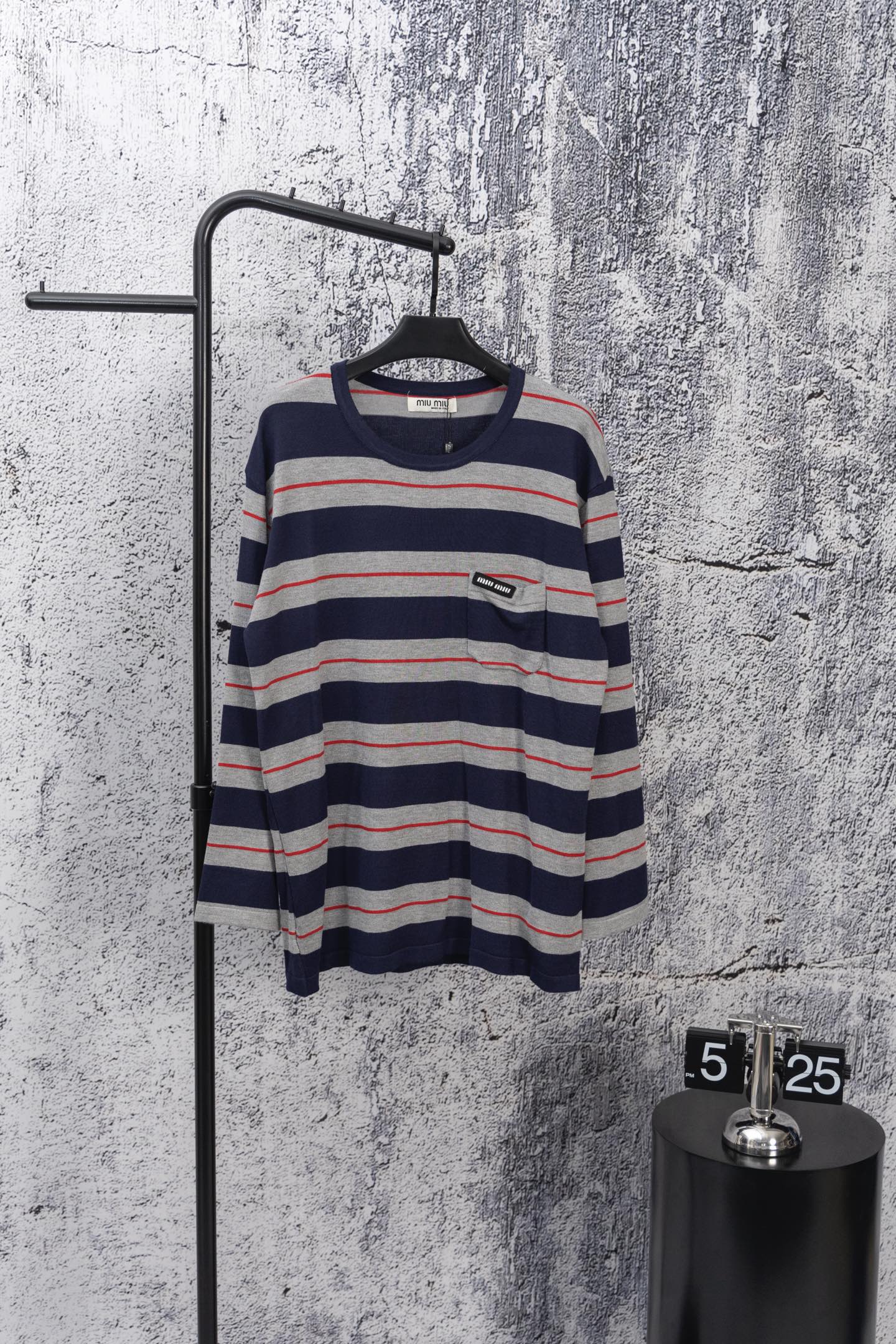 MIU MIU 2025 New Pocket Applique Letter Stripe Crewneck Long-Sleeve T-Shirt