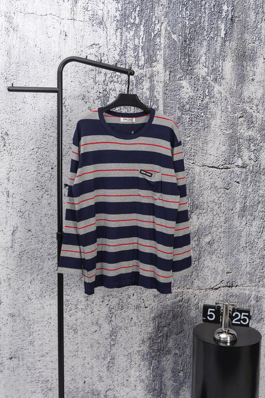 MIU MIU 2025 New Pocket Applique Letter Stripe Crewneck Long-Sleeve T-Shirt