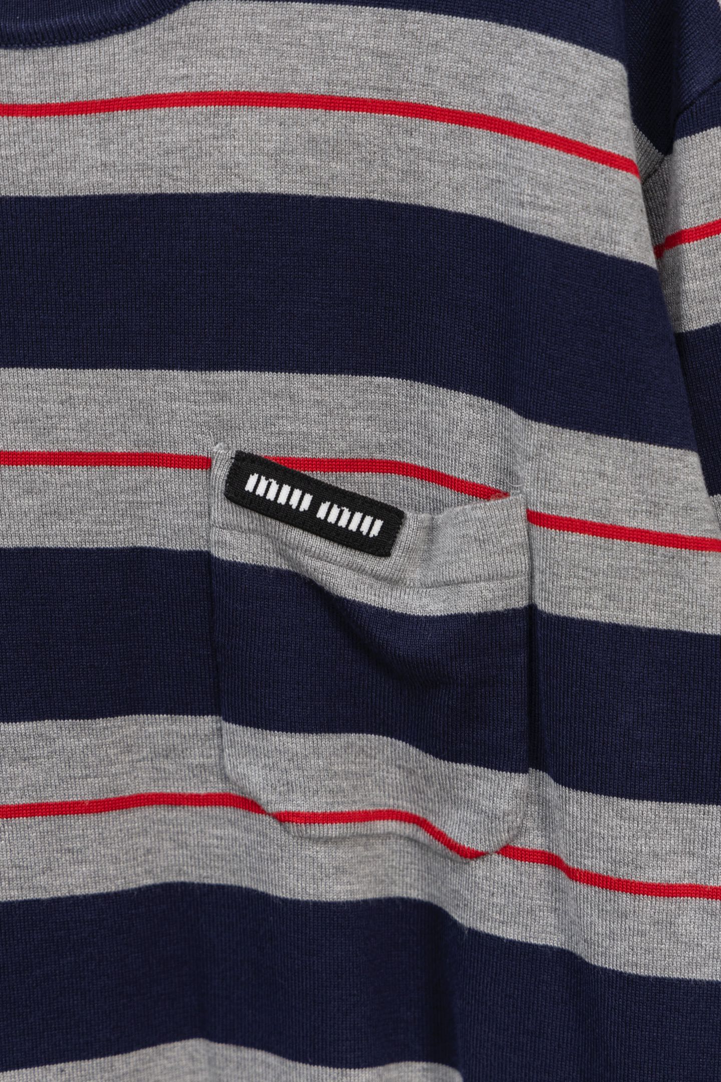 MIU MIU 2025 New Pocket Applique Letter Stripe Crewneck Long-Sleeve T-Shirt