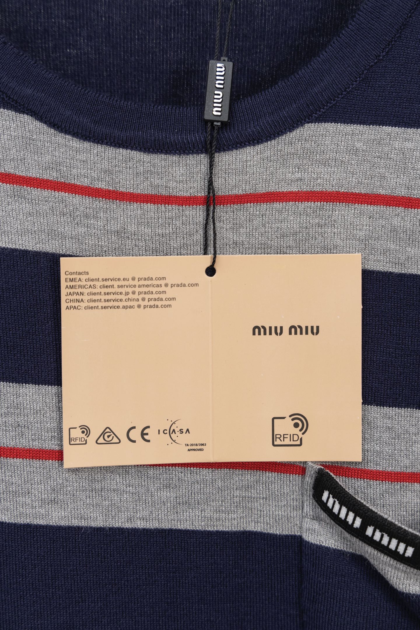 MIU MIU 2025 New Pocket Applique Letter Stripe Crewneck Long-Sleeve T-Shirt