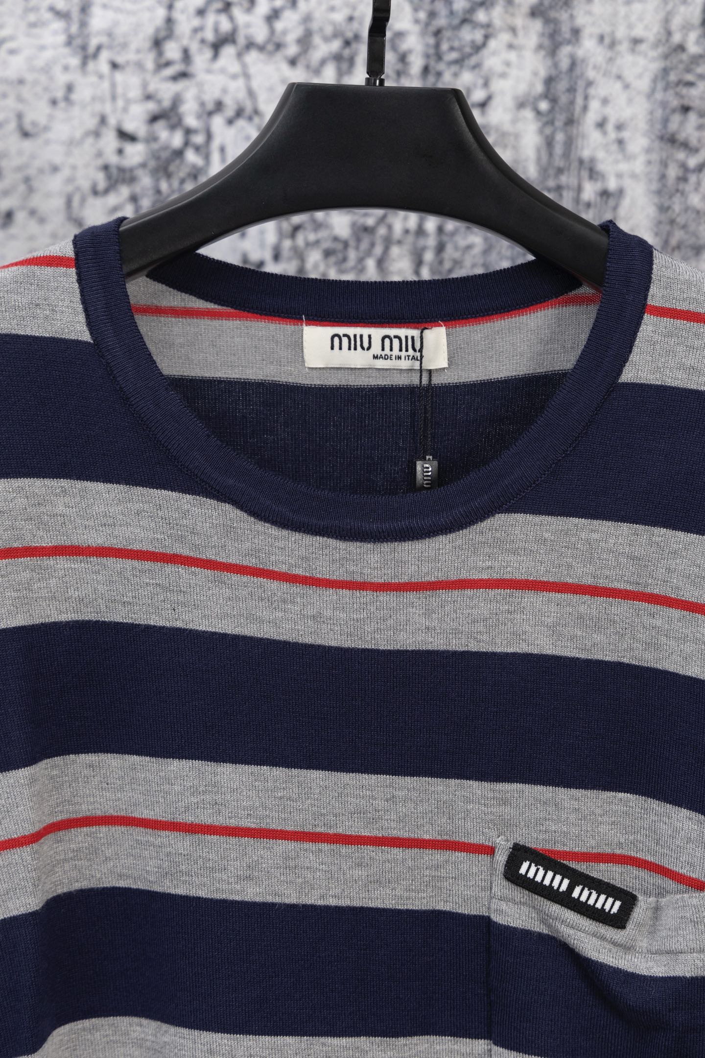 MIU MIU 2025 New Pocket Applique Letter Stripe Crewneck Long-Sleeve T-Shirt