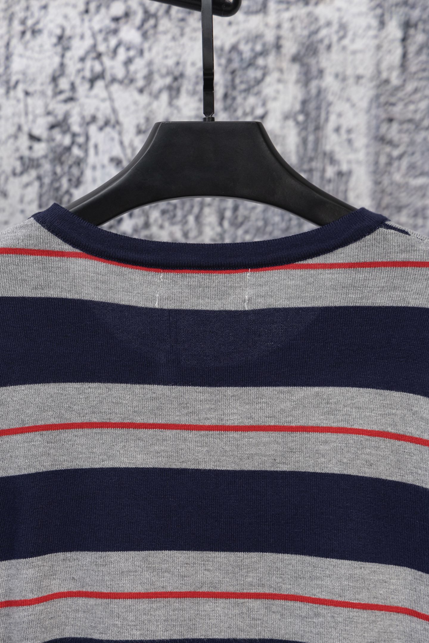 MIU MIU 2025 New Pocket Applique Letter Stripe Crewneck Long-Sleeve T-Shirt
