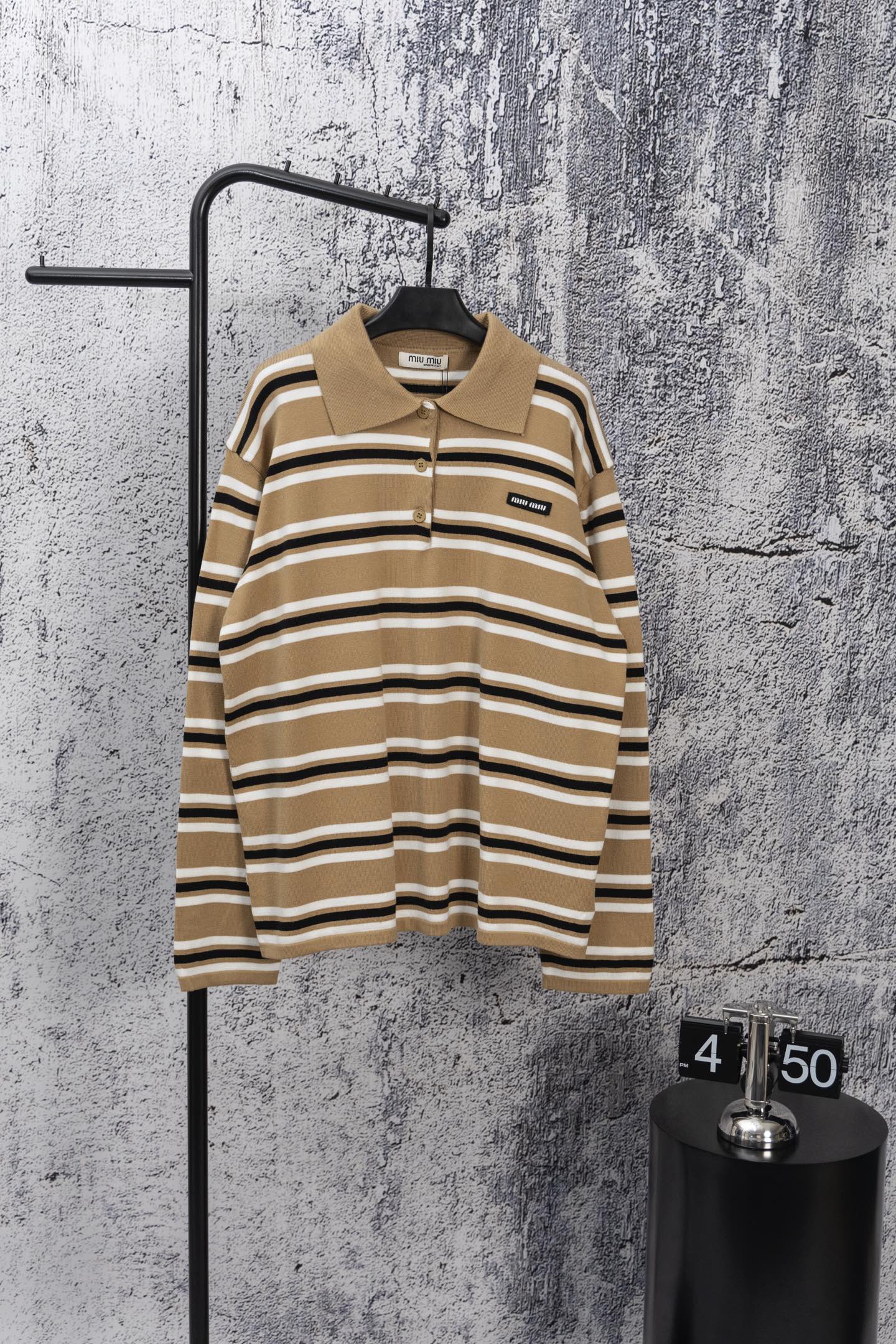 MIU MIU 2025 New Embroidered Pocket Letter Stripe Polo Long-Sleeve T-Shirt