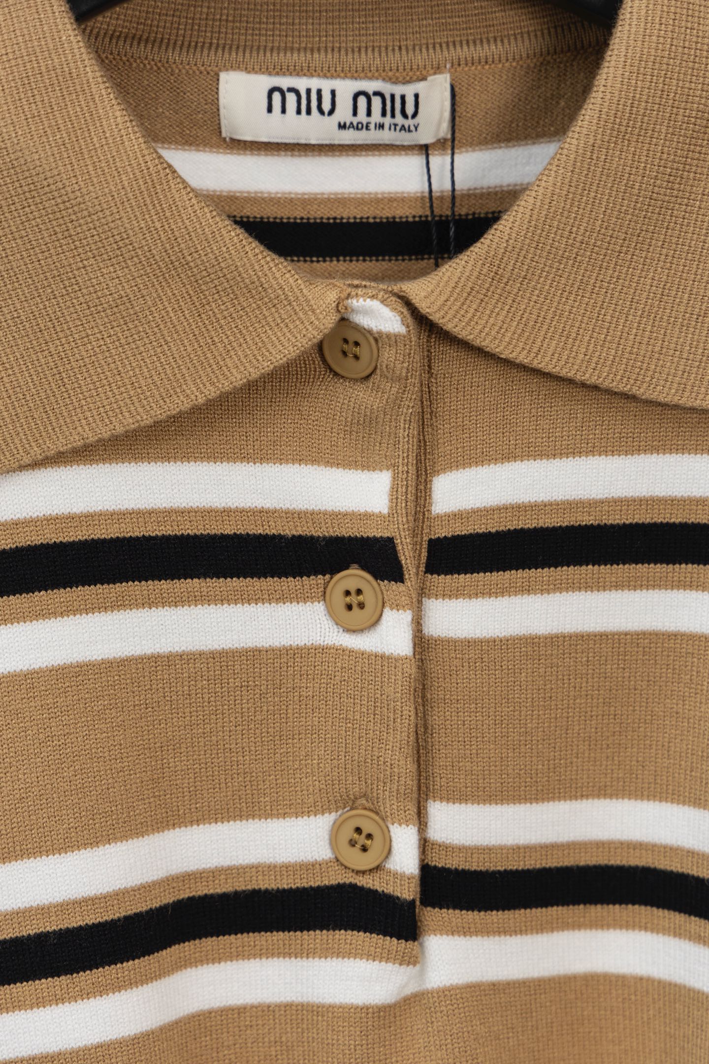 MIU MIU 2025 New Embroidered Pocket Letter Stripe Polo Long-Sleeve T-Shirt