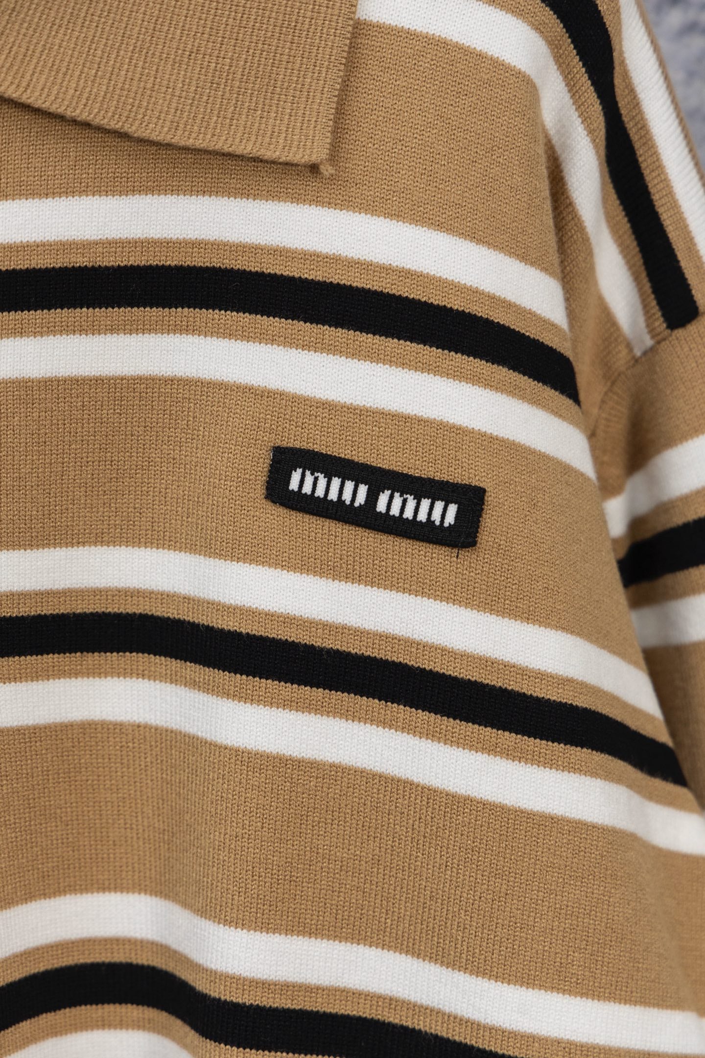 MIU MIU 2025 New Embroidered Pocket Letter Stripe Polo Long-Sleeve T-Shirt