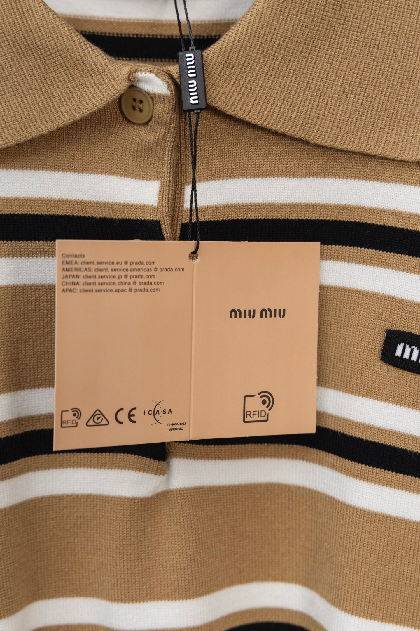 MIU MIU 2025 New Embroidered Pocket Letter Stripe Polo Long-Sleeve T-Shirt