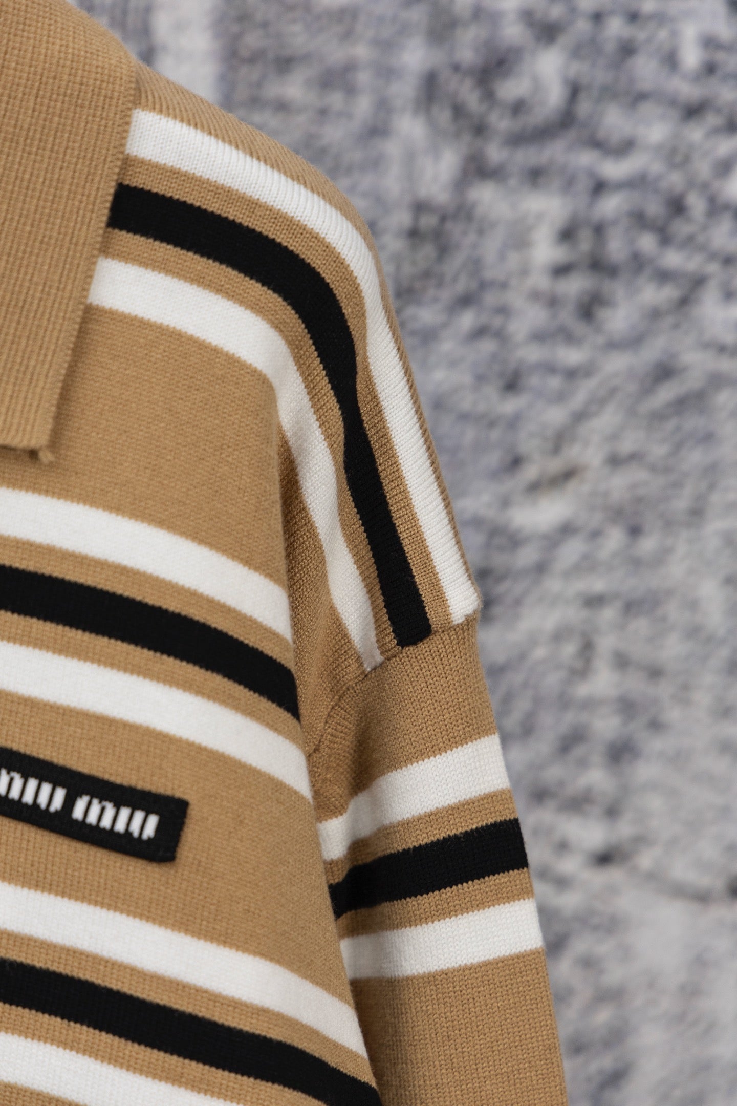 MIU MIU 2025 New Embroidered Pocket Letter Stripe Polo Long-Sleeve T-Shirt