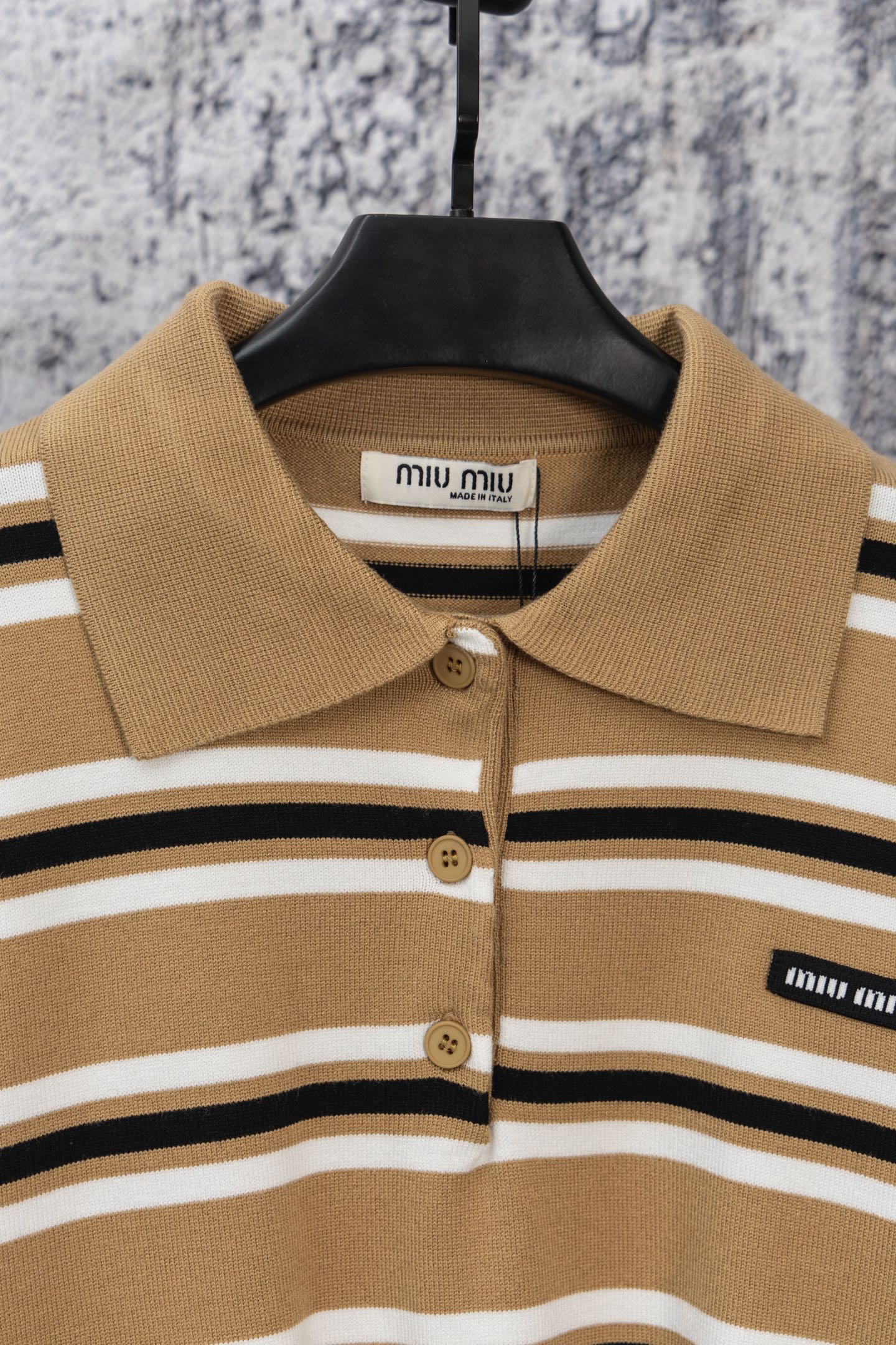 MIU MIU 2025 New Embroidered Pocket Letter Stripe Polo Long-Sleeve T-Shirt