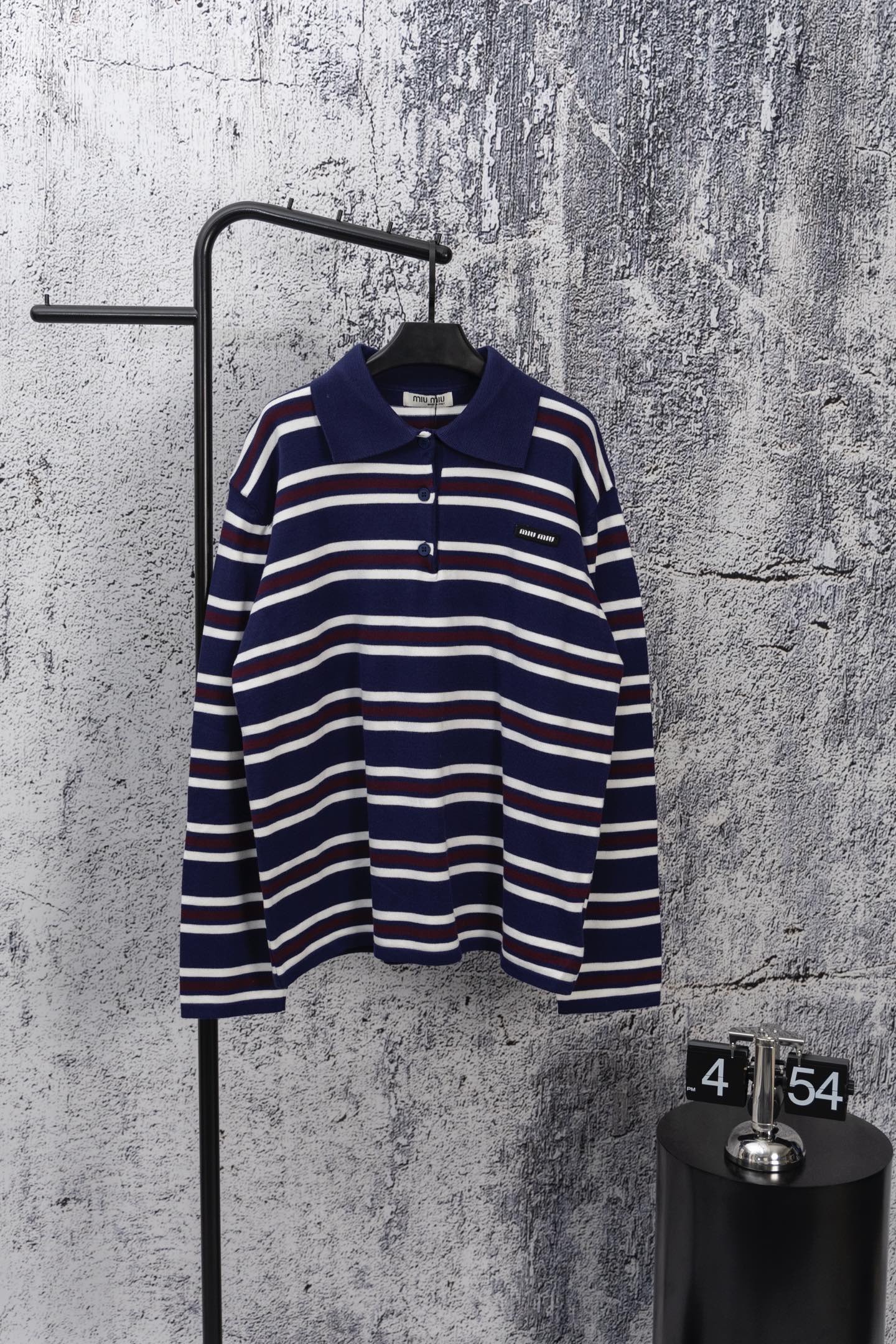 MIU MIU 2025 New Embroidered Pocket Letter Striped Polo Long-Sleeve T-Shirt