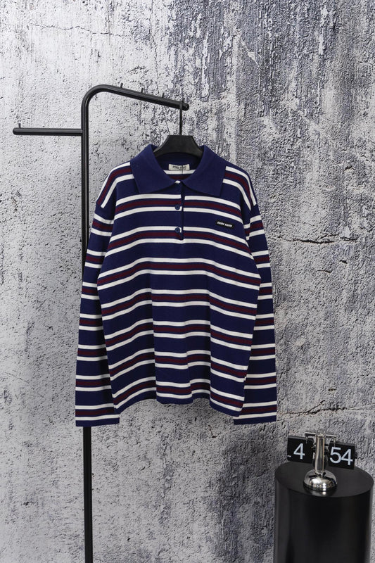 MIU MIU 2025 New Embroidered Pocket Letter Striped Polo Long-Sleeve T-Shirt