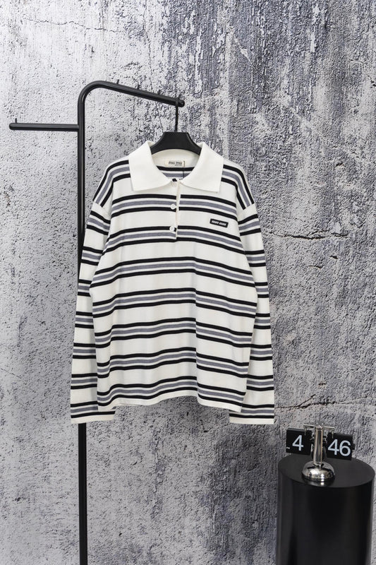 MIU MIU 2025 New Embroidered Pocket Letter Stripe Polo Long-Sleeve T-Shirt – Premium Version
