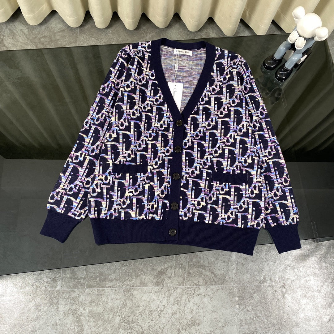 Dior 2024SS Blue Lambswool Jacquard V-Neck Cardigan