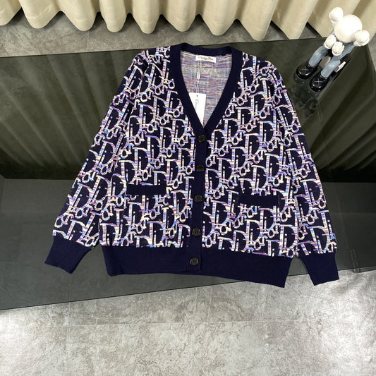 Dior 2024SS Blue Lambswool Jacquard V-Neck Cardigan
