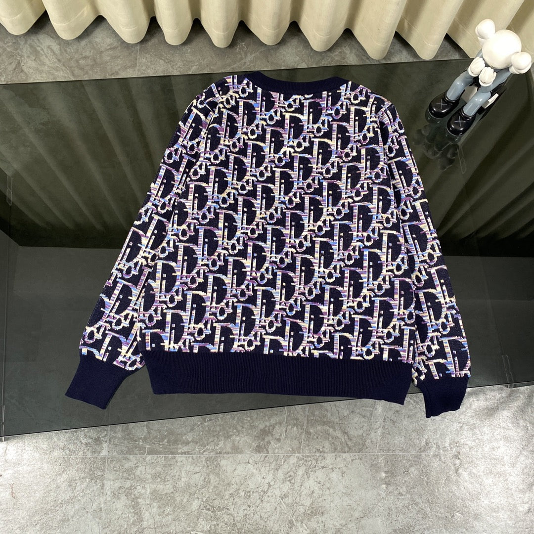 Dior 2024SS Blue Lambswool Jacquard V-Neck Cardigan