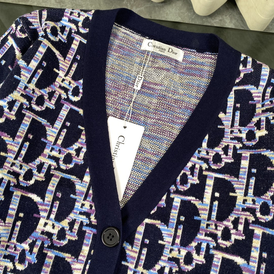 Dior 2024SS Blue Lambswool Jacquard V-Neck Cardigan