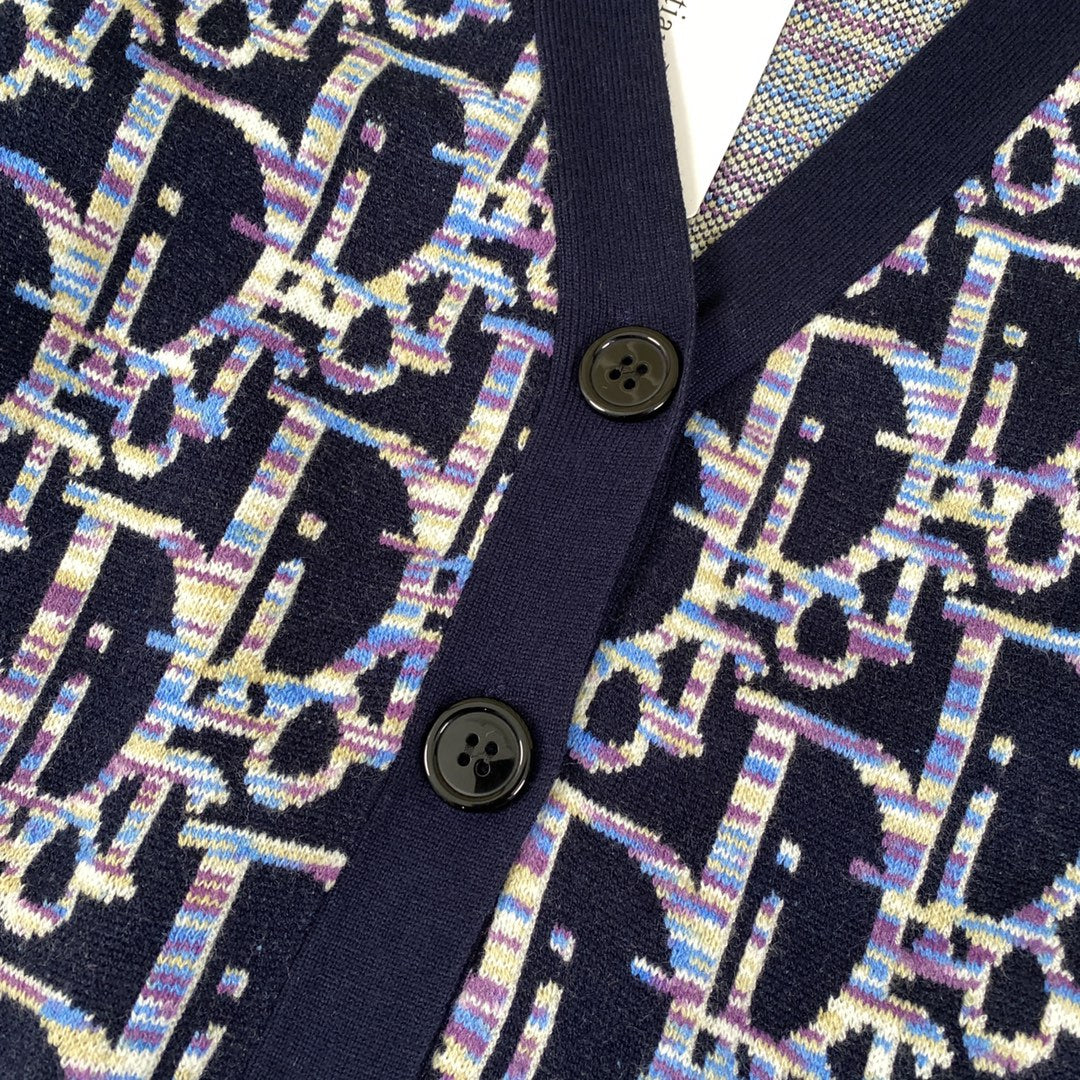 Dior 2024SS Blue Lambswool Jacquard V-Neck Cardigan