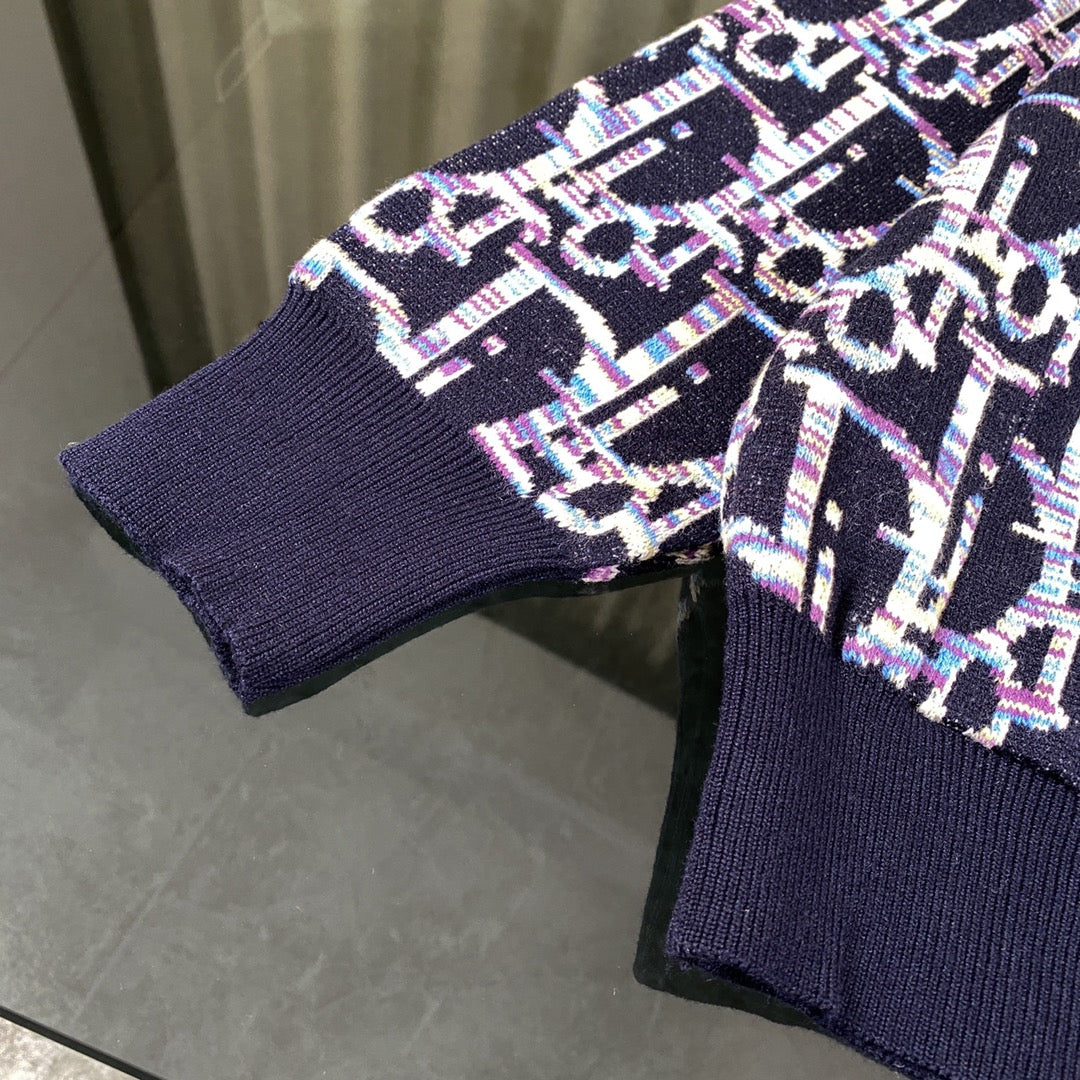 Dior 2024SS Blue Lambswool Jacquard V-Neck Cardigan