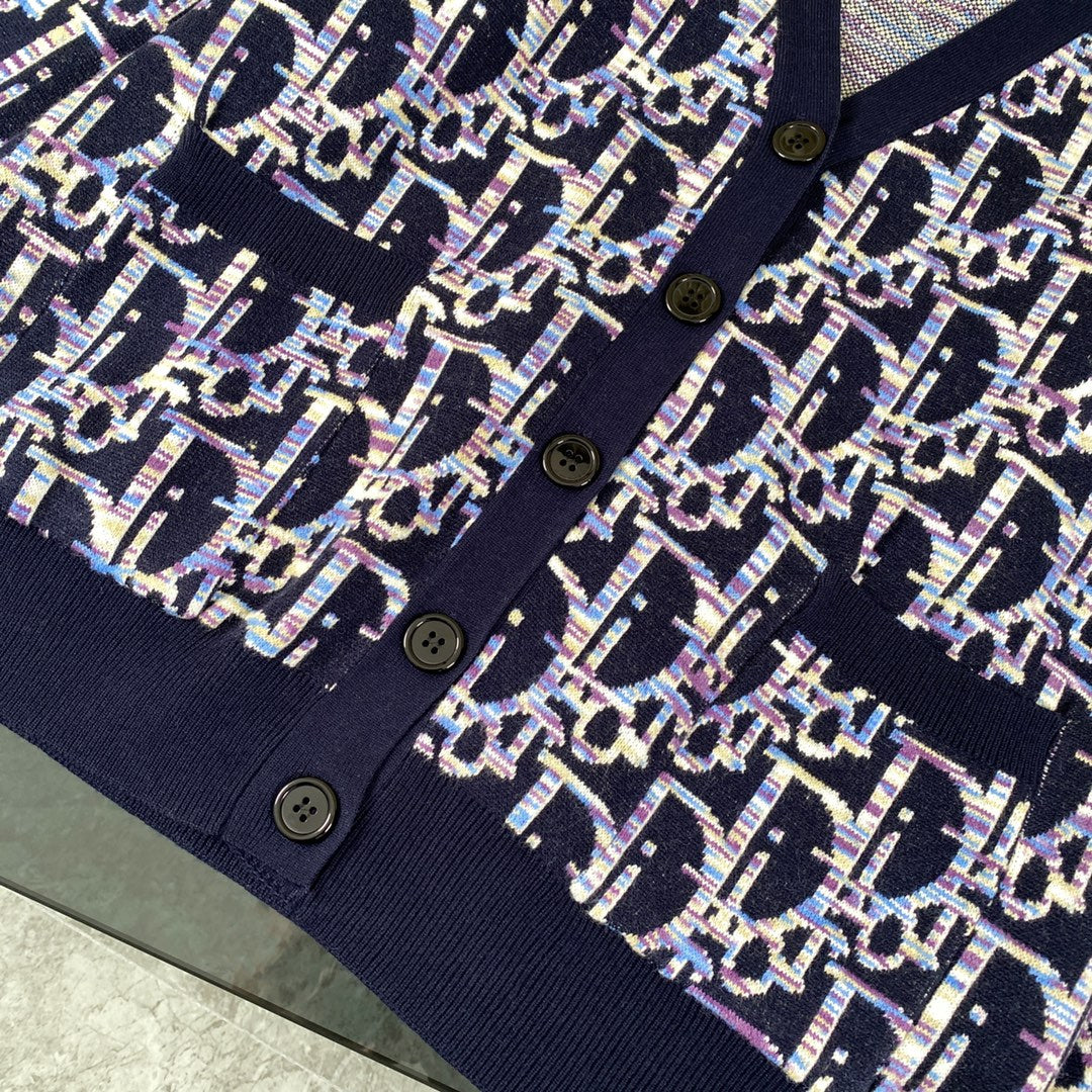 Dior 2024SS Blue Lambswool Jacquard V-Neck Cardigan