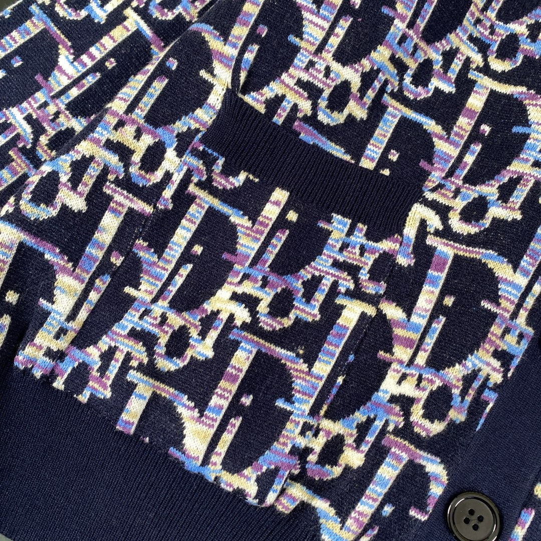 Dior 2024SS Blue Lambswool Jacquard V-Neck Cardigan