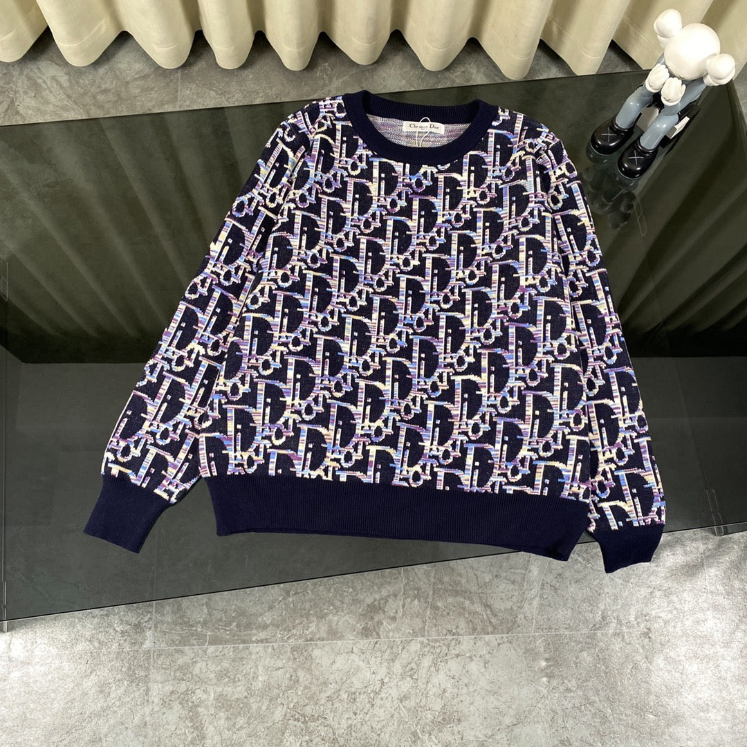 Dior 2024SS Blue Lambswool Jacquard Pullover Crewneck Sweater