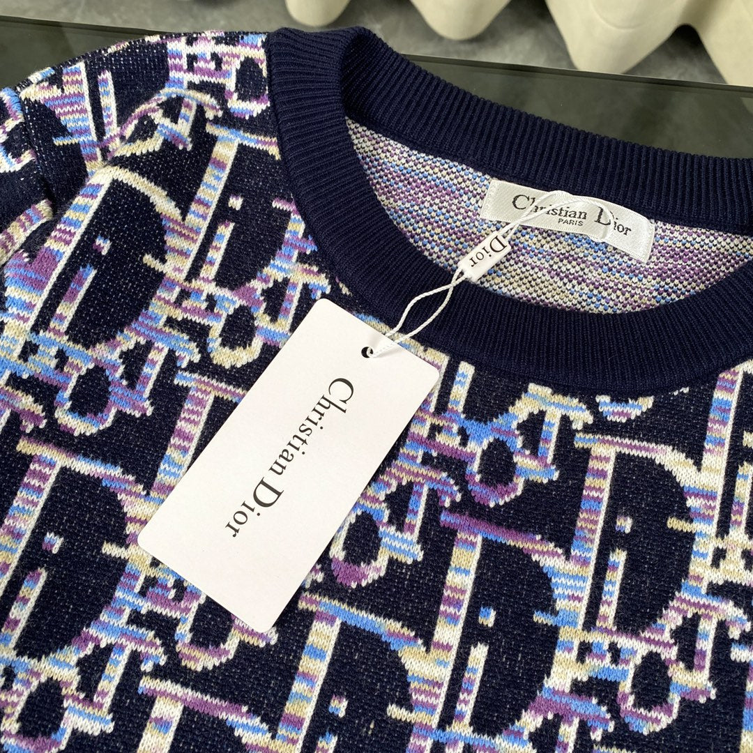 Dior 2024SS Blue Lambswool Jacquard Pullover Crewneck Sweater