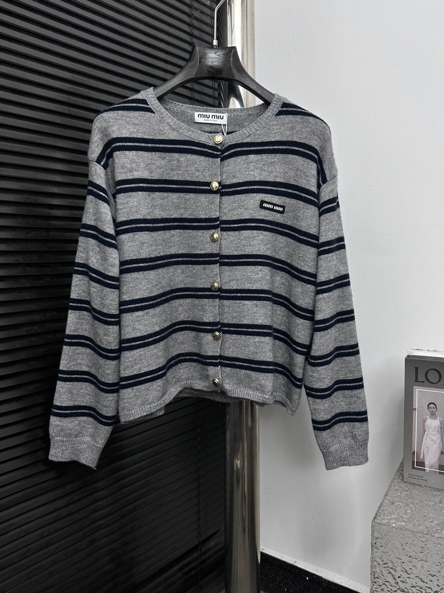 MIU MIU Autumn/Winter Striped Wool Cardigan with Metal Buttons