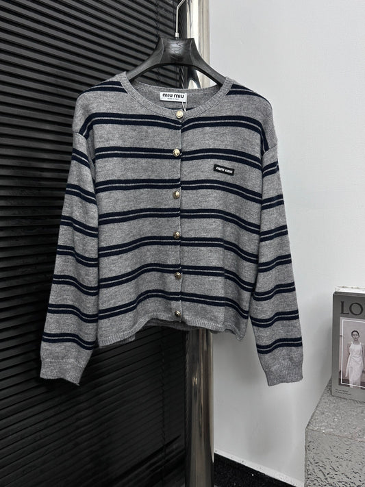 MIU MIU Autumn/Winter Striped Wool Cardigan with Metal Buttons