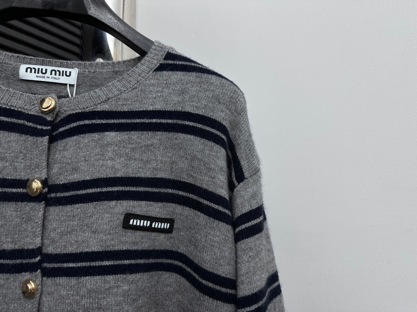 MIU MIU Autumn/Winter Striped Wool Cardigan with Metal Buttons