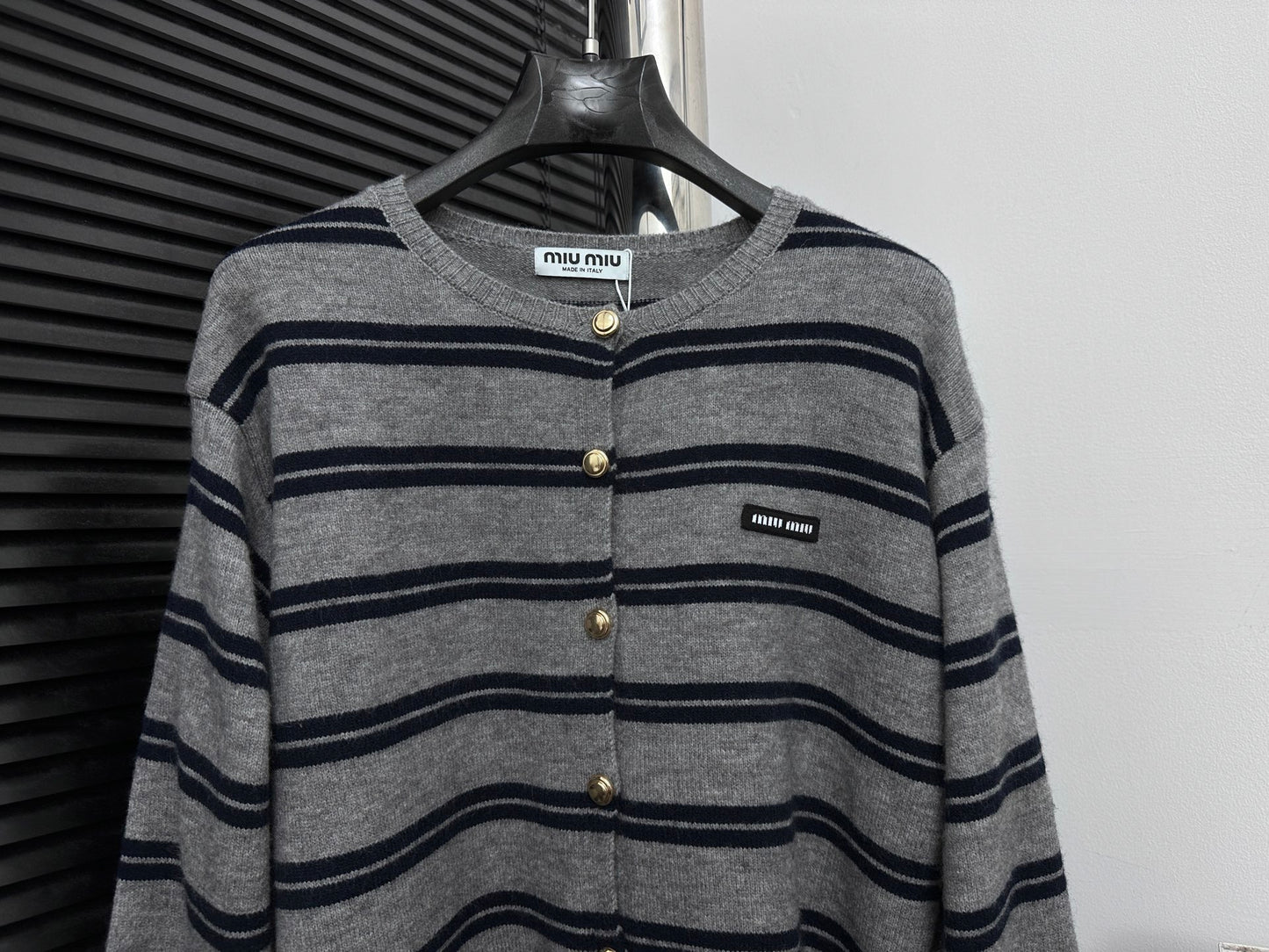 MIU MIU Autumn/Winter Striped Wool Cardigan with Metal Buttons