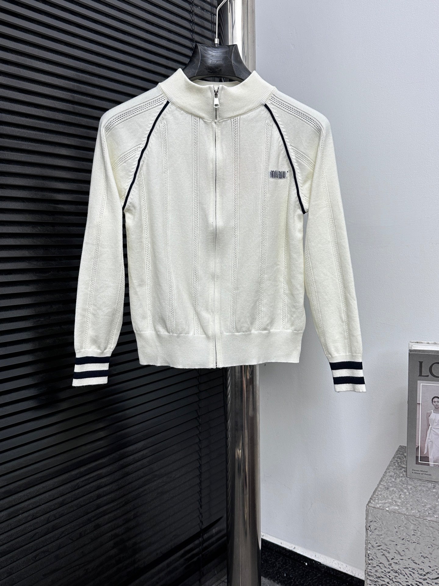 MIU MIU Collegiate Zip-Up Knit Cardigan with Letter Jacquard