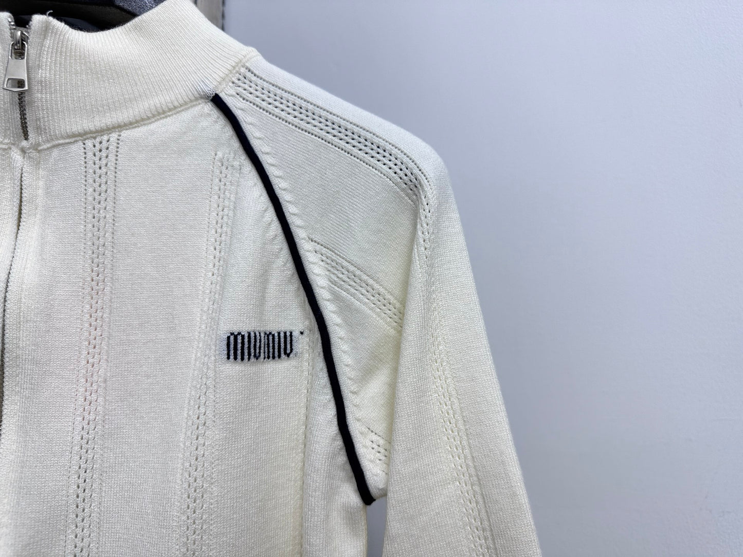 MIU MIU Collegiate Zip-Up Knit Cardigan with Letter Jacquard