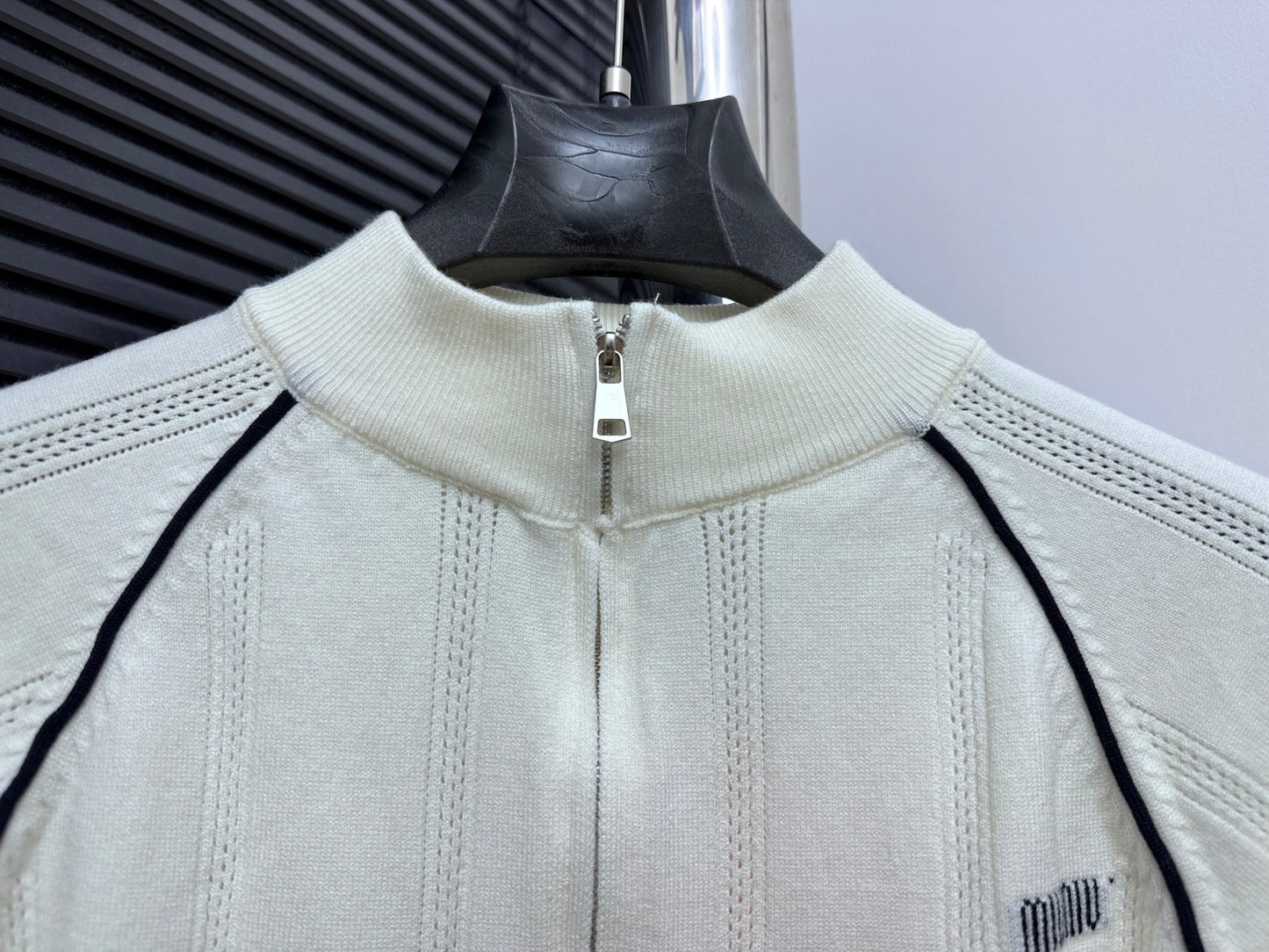 MIU MIU Collegiate Zip-Up Knit Cardigan with Letter Jacquard