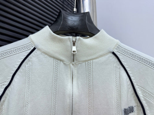 MIU MIU Collegiate Zip-Up Knit Cardigan with Letter Jacquard