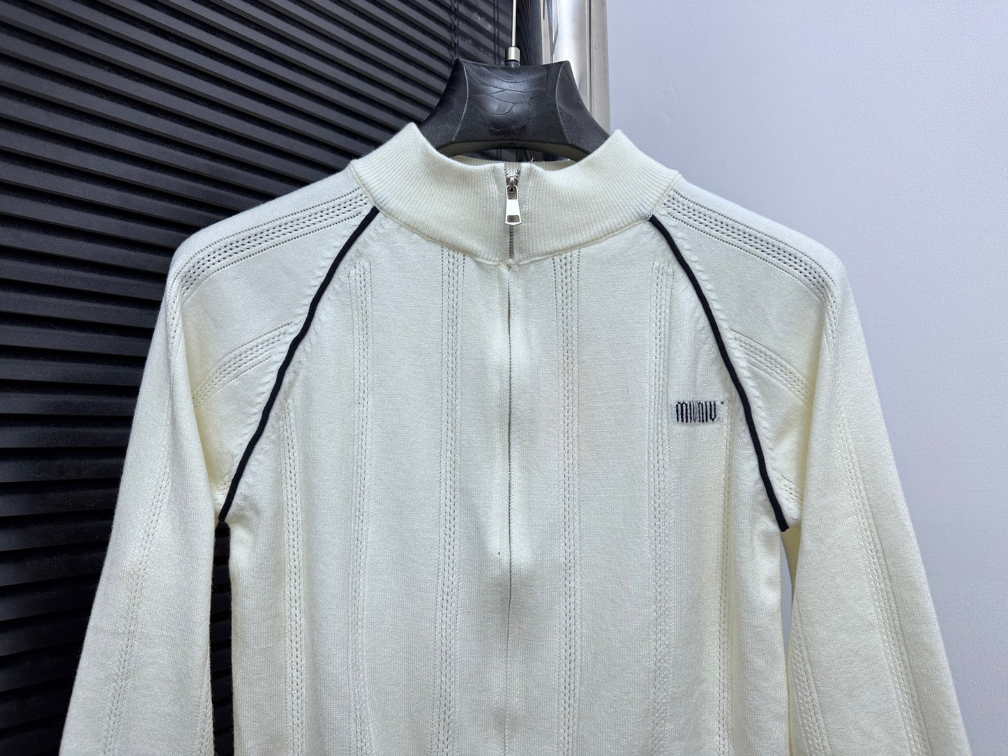 MIU MIU Collegiate Zip-Up Knit Cardigan with Letter Jacquard