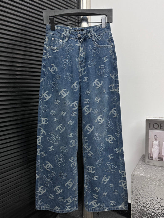 CHANEL Printed Denim Wide-Leg Jeans