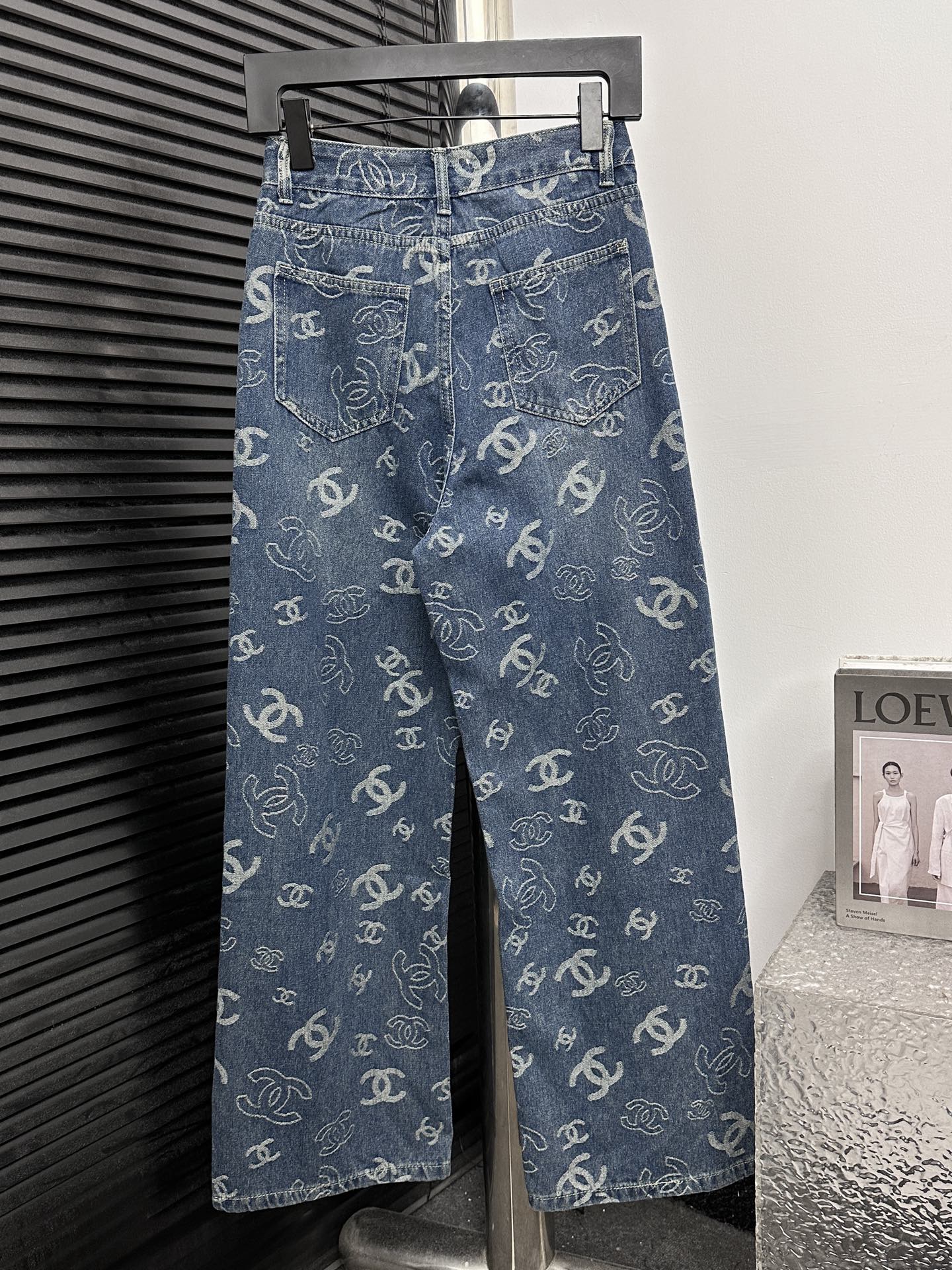 CHANEL Printed Denim Wide-Leg Jeans