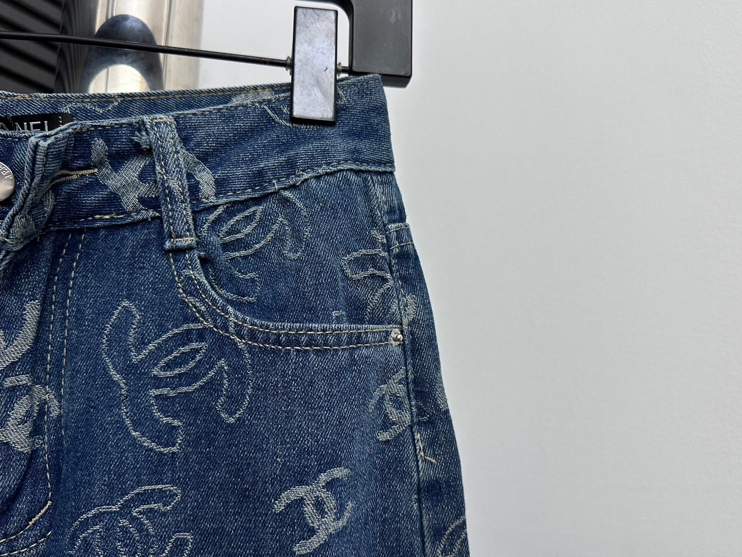 CHANEL Printed Denim Wide-Leg Jeans