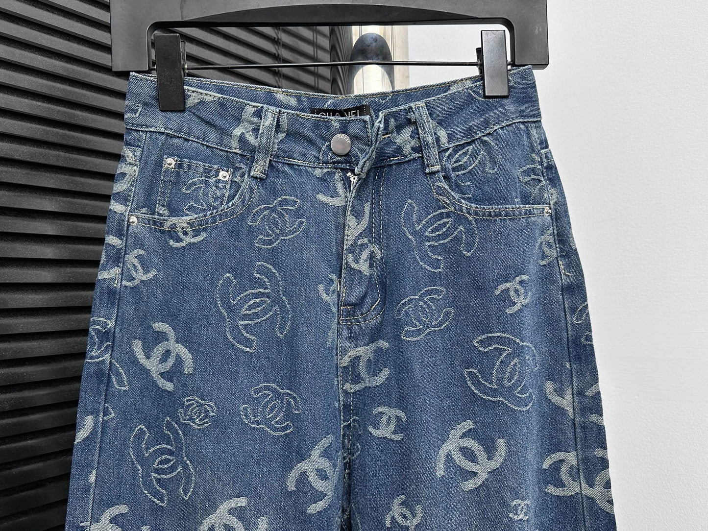 CHANEL Printed Denim Wide-Leg Jeans