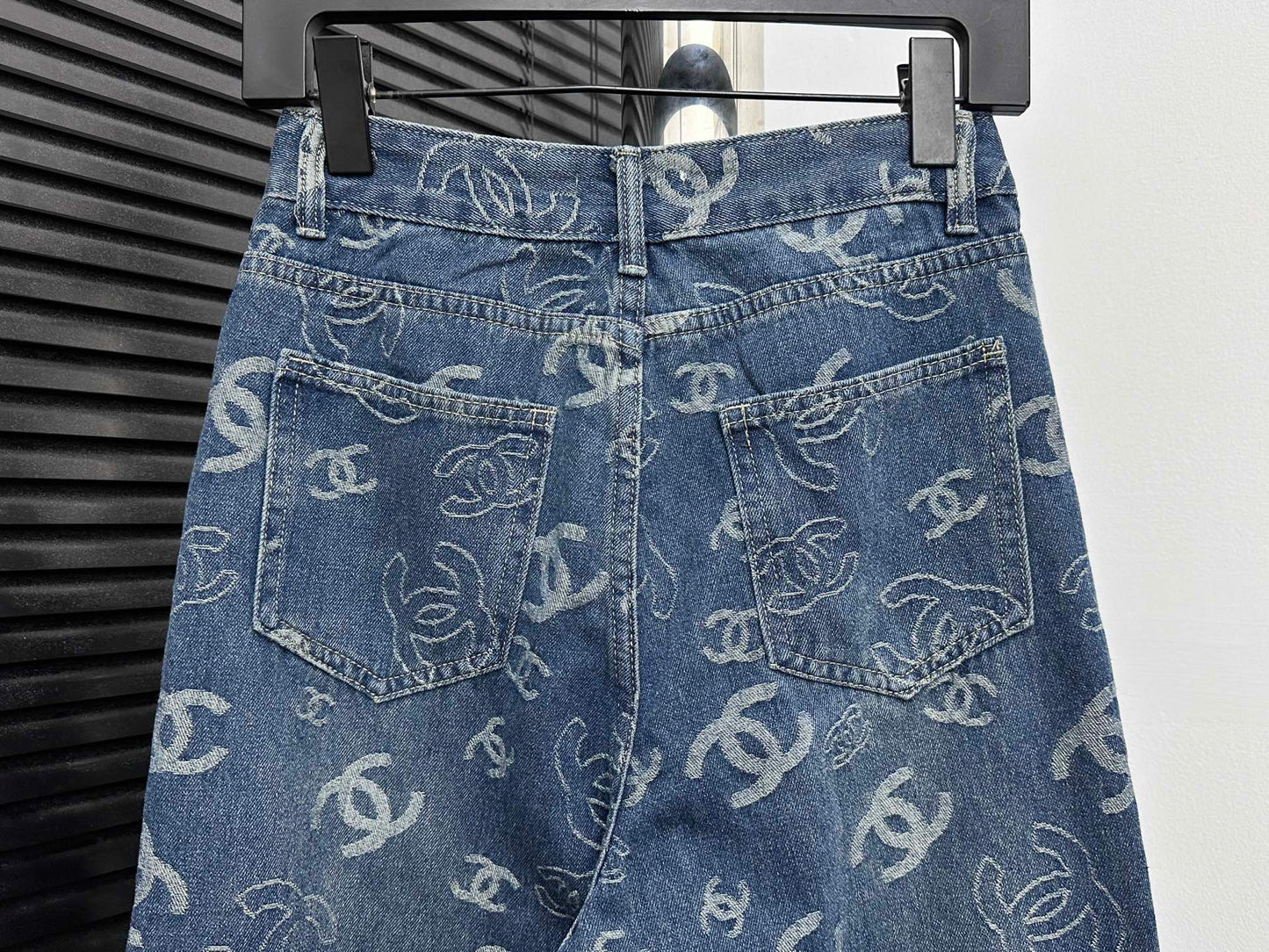 CHANEL Printed Denim Wide-Leg Jeans