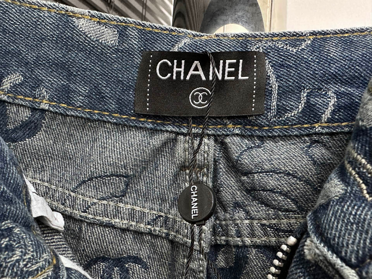 CHANEL Printed Denim Wide-Leg Jeans