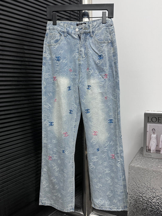 CHANEL Printed Denim Wide-Leg Jeans