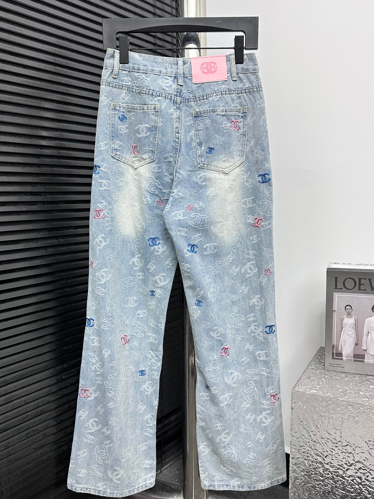 CHANEL Printed Denim Wide-Leg Jeans