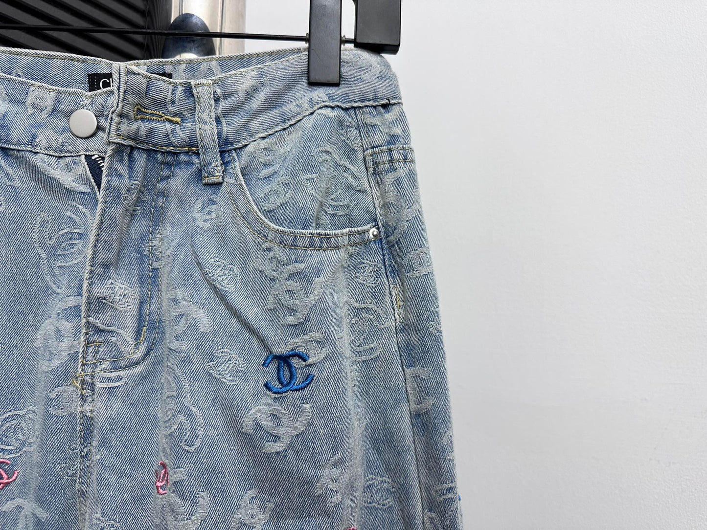 CHANEL Printed Denim Wide-Leg Jeans