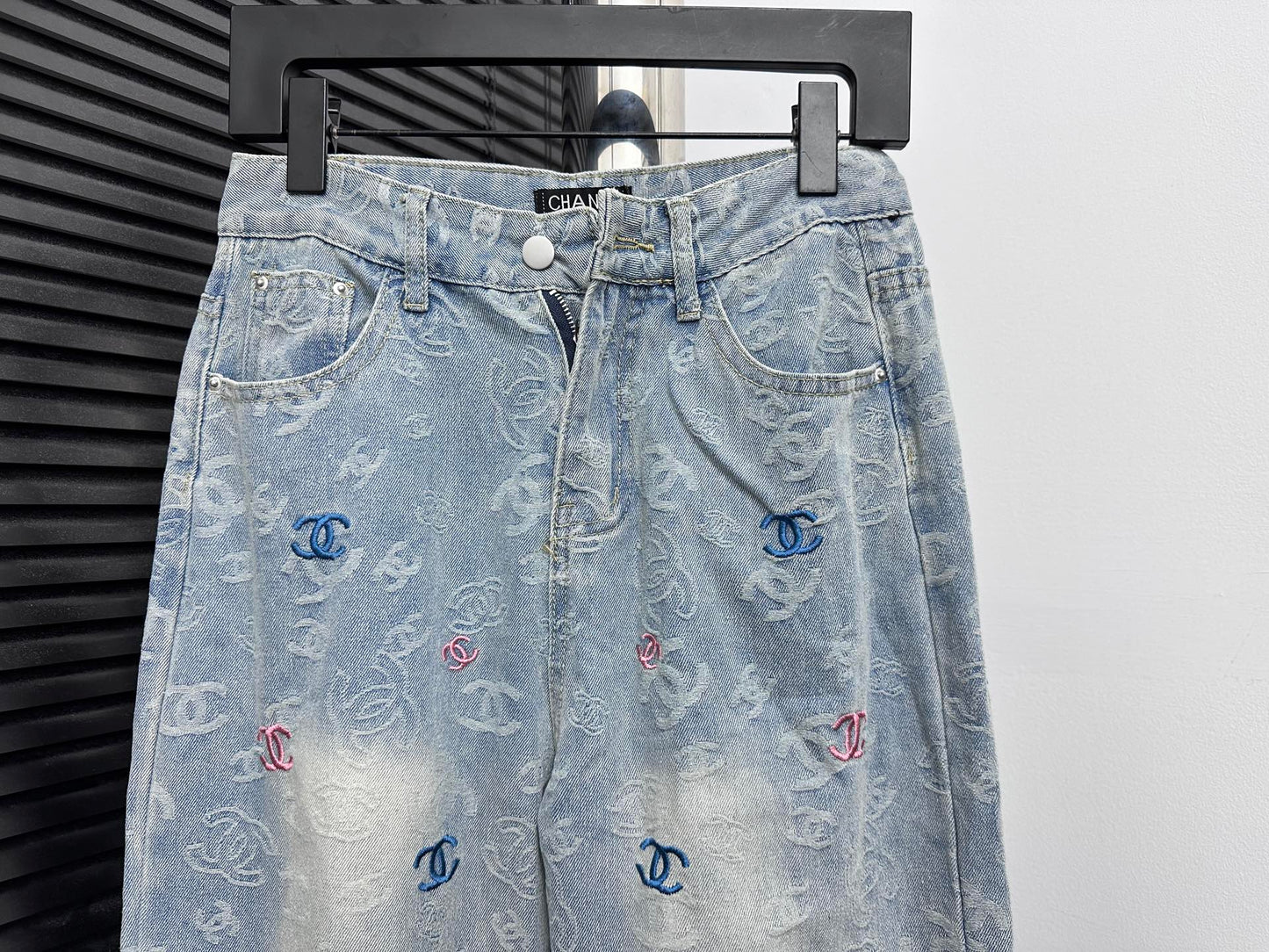 CHANEL Printed Denim Wide-Leg Jeans