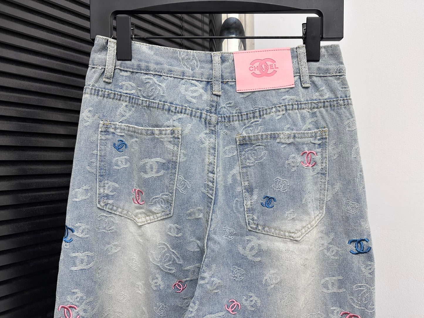 CHANEL Printed Denim Wide-Leg Jeans