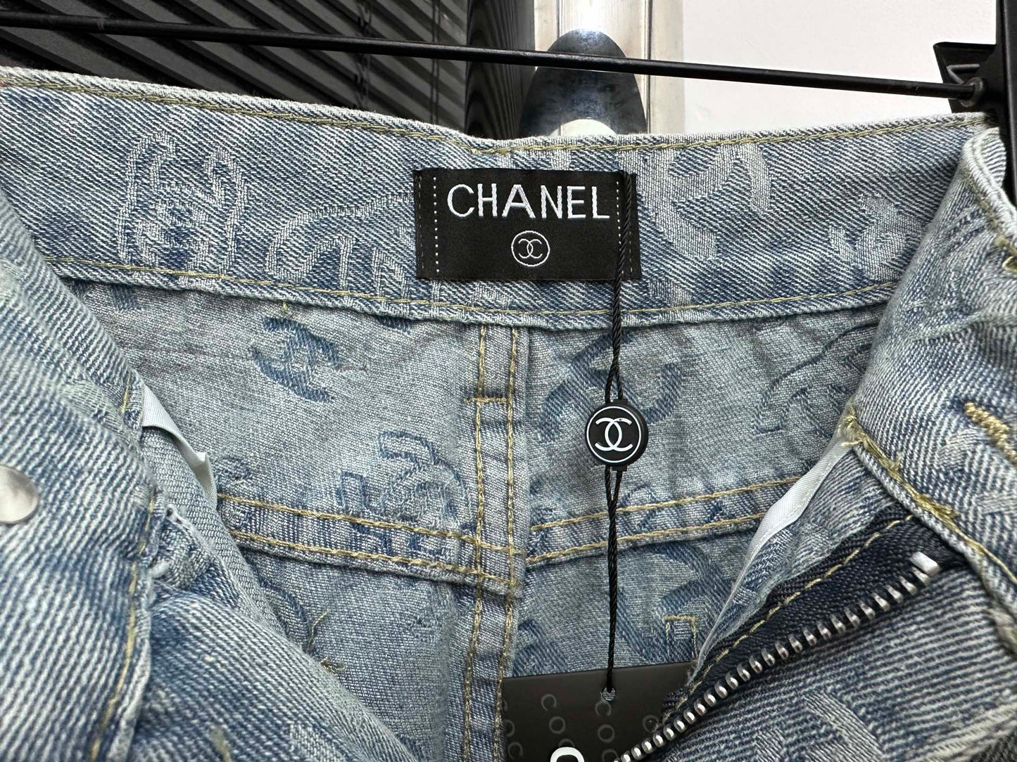 CHANEL Printed Denim Wide-Leg Jeans