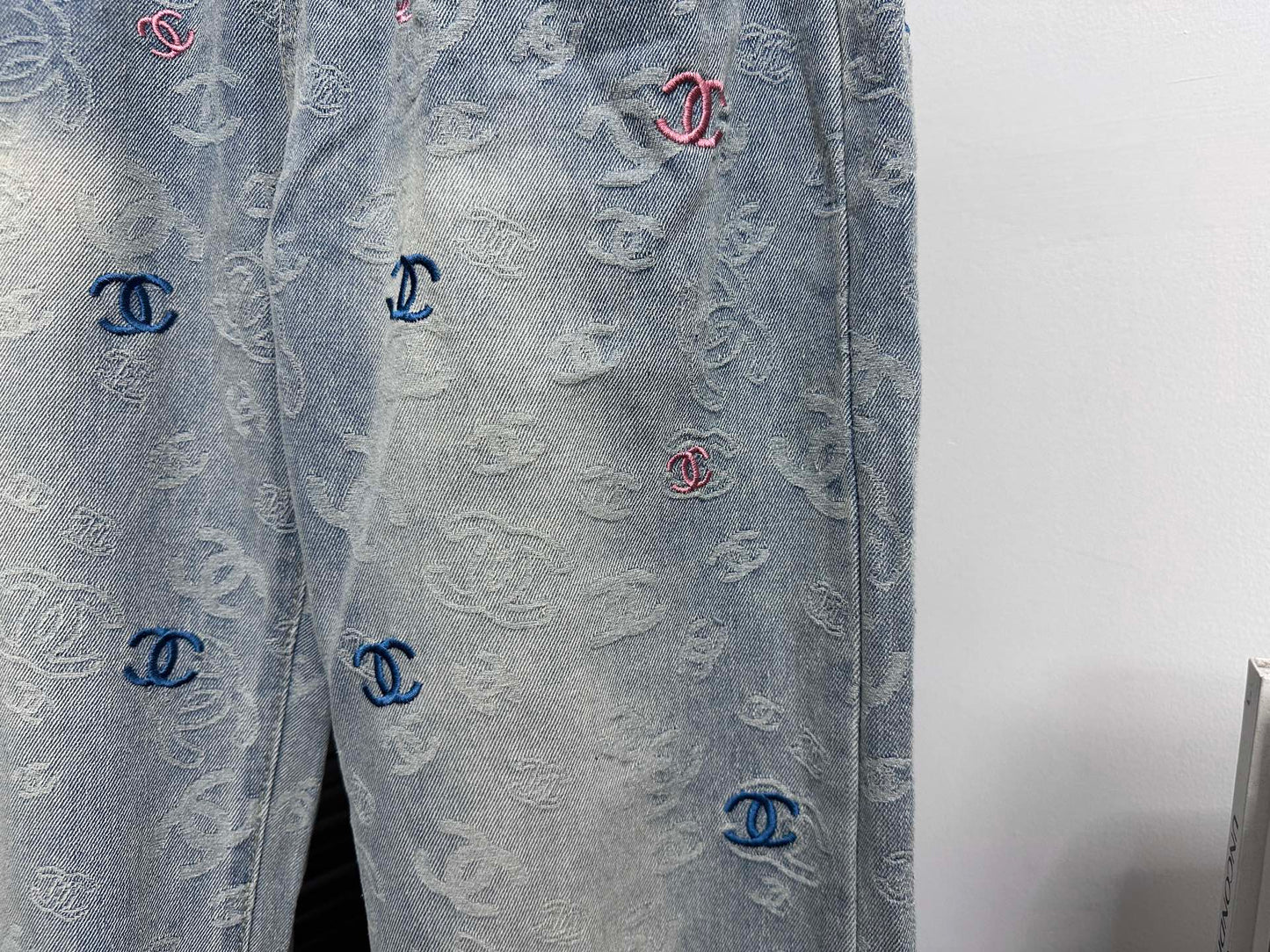 CHANEL Printed Denim Wide-Leg Jeans