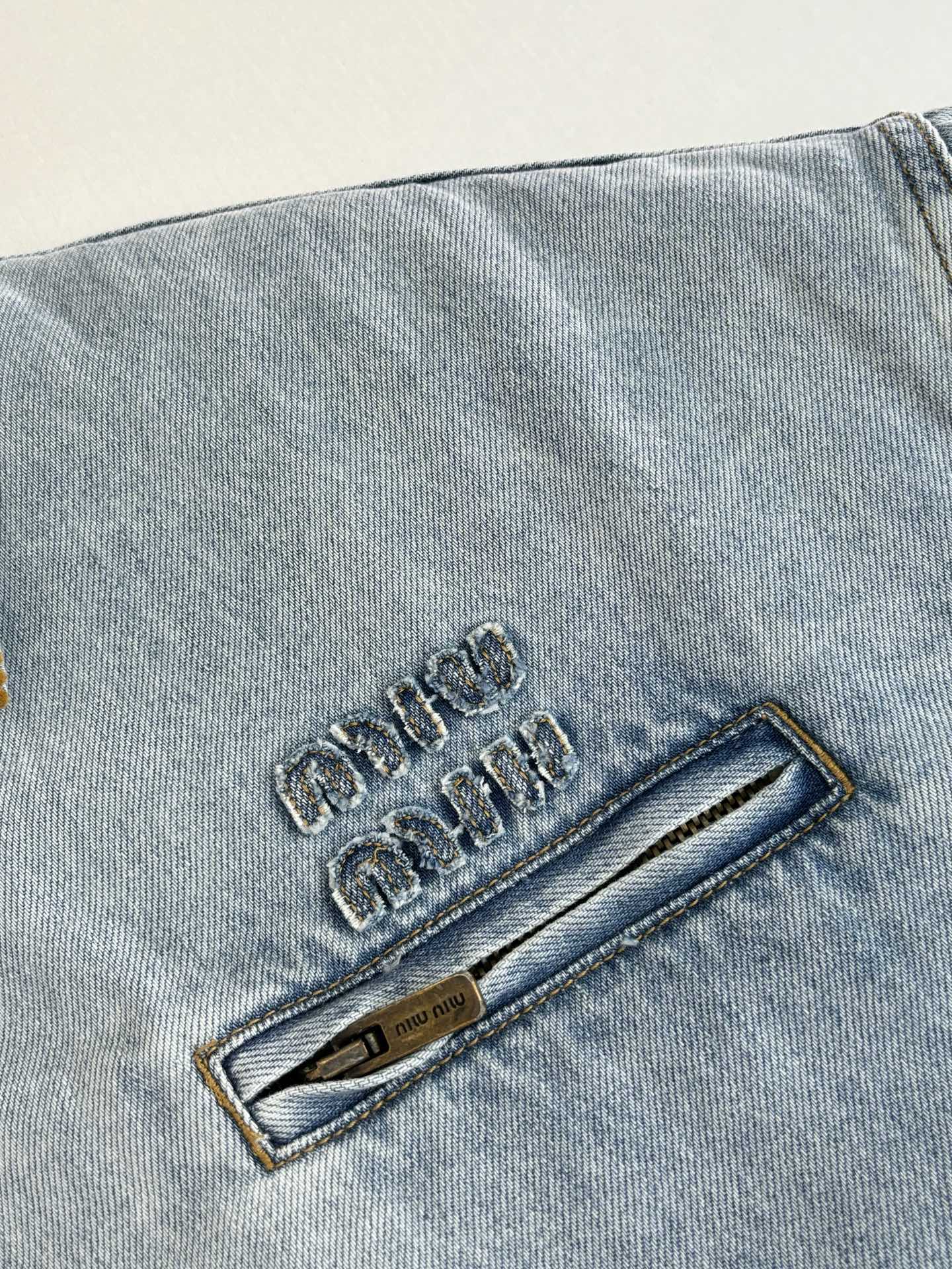 Miu Distressed Denim Cotton Jacket with Corduroy Collar