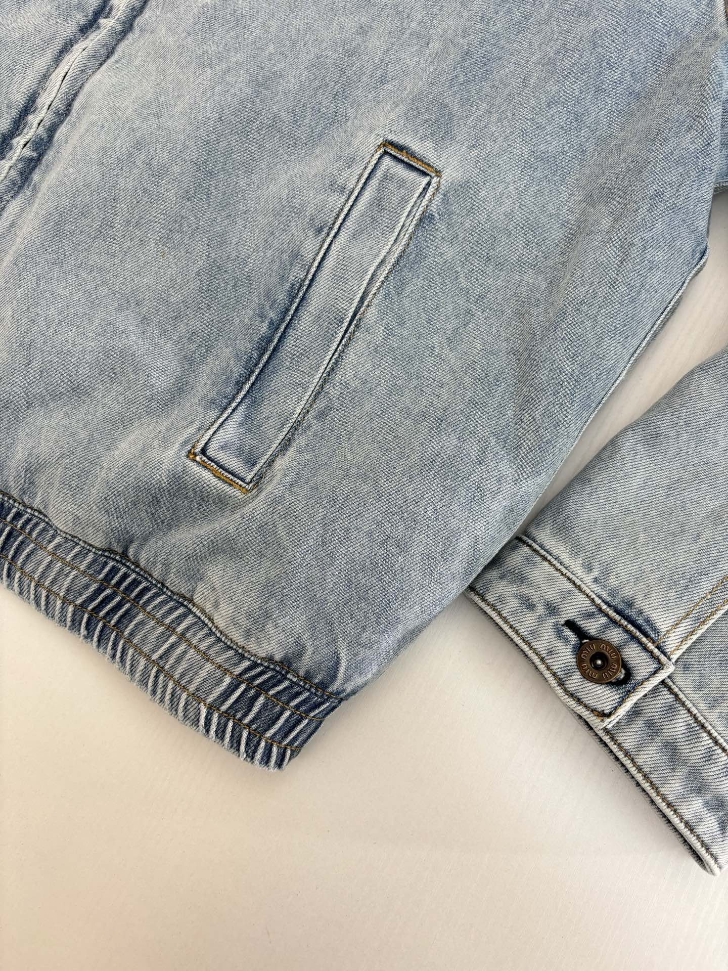 Miu Distressed Denim Cotton Jacket with Corduroy Collar